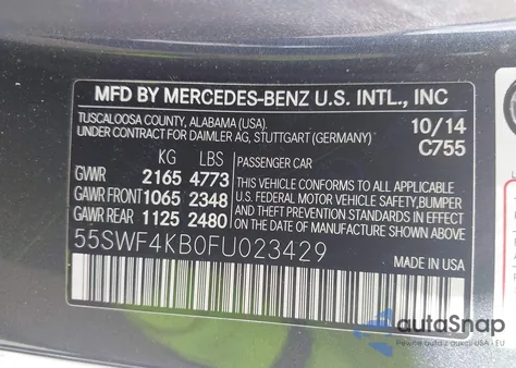 2015 Mercedes-Benz C 300 4Matic/Luxury 4Matic/Sport 4Matic из США, поврежденный, VIN 55SWF4KB0FU023429